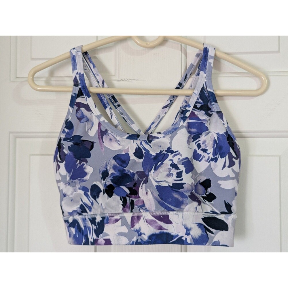 Laundry Shelli Segal Sports Bra Medium Purple Floral Strappy Cross-Back Yoga EUC